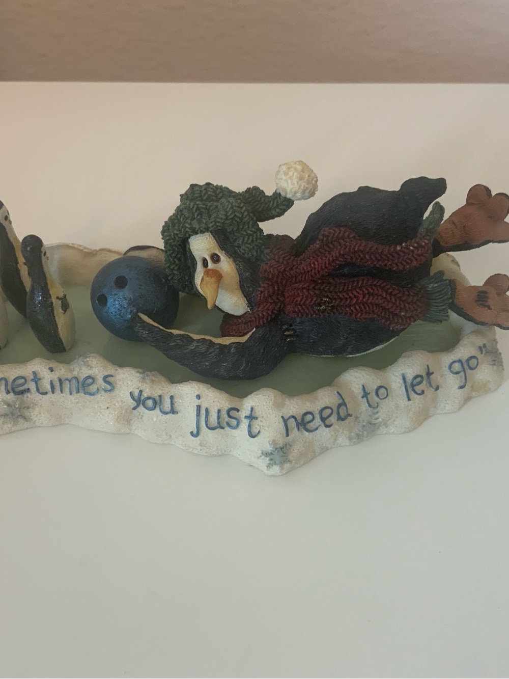 Winter Penguin Figurine Home Art - Green Hat, Maroon Scarf